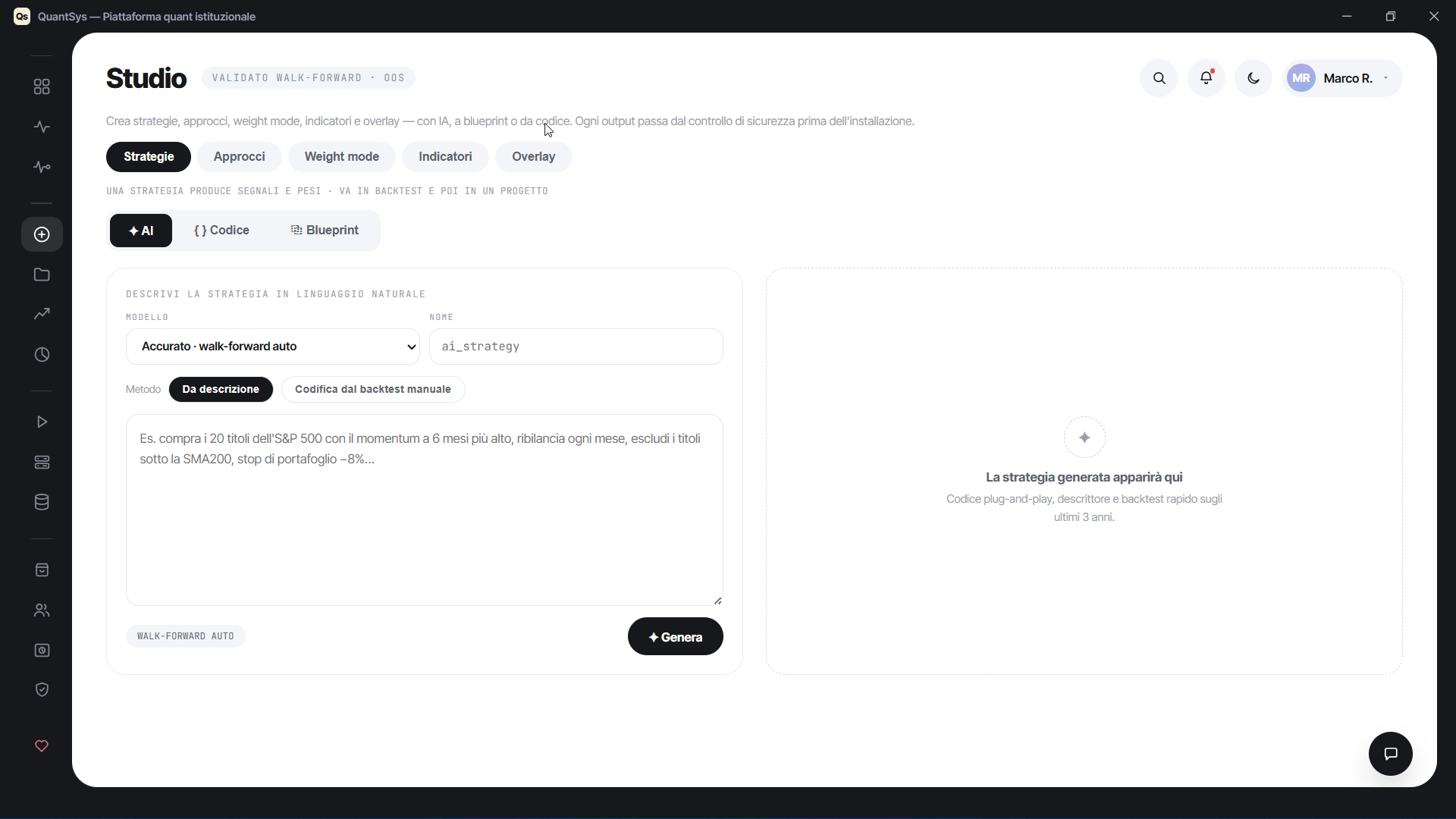 Studio — crea strategie con AI, codice o blueprint