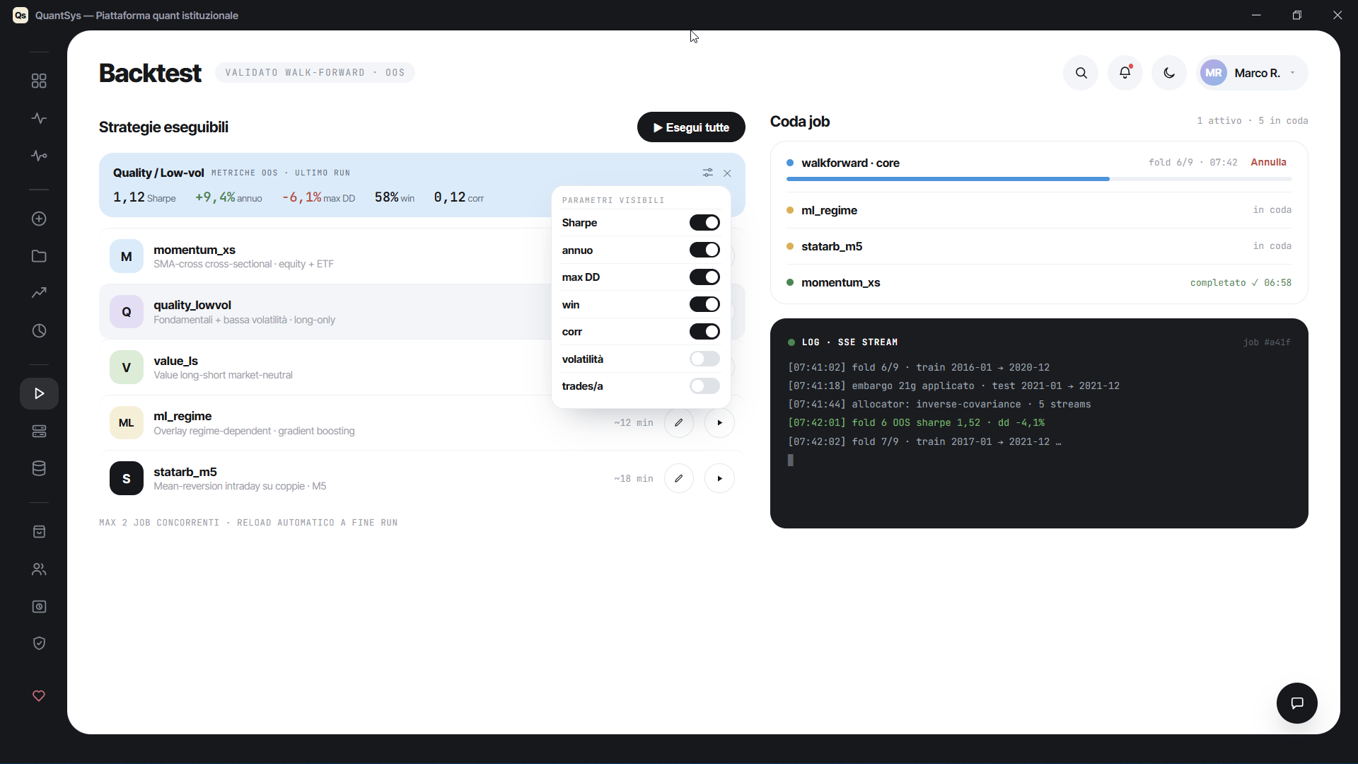 Backtest — walk-forward e coda job