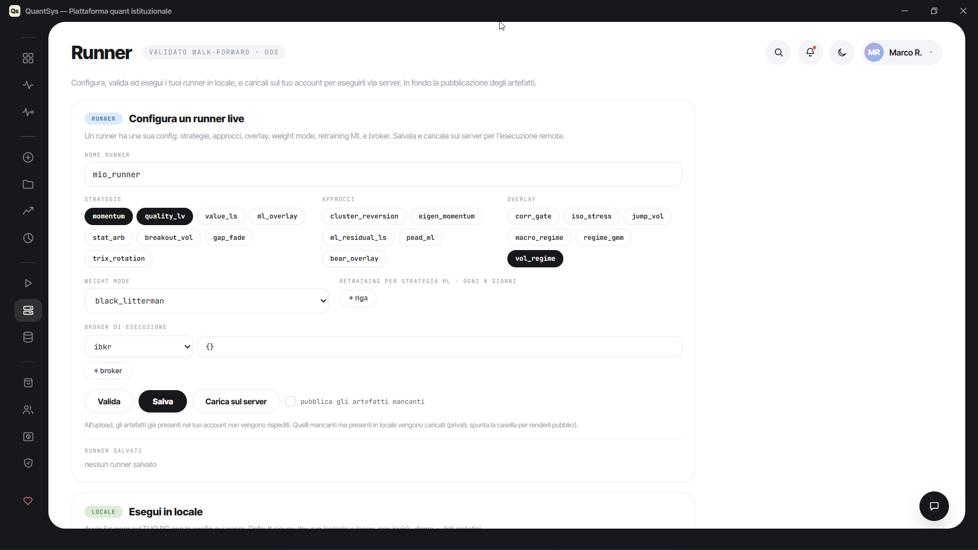 Runner — configura ed esegui live sul tuo broker